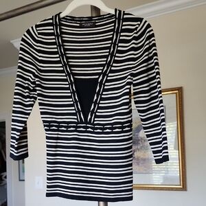 Principles Petite Black & Cream Striped V-Neck Sweater